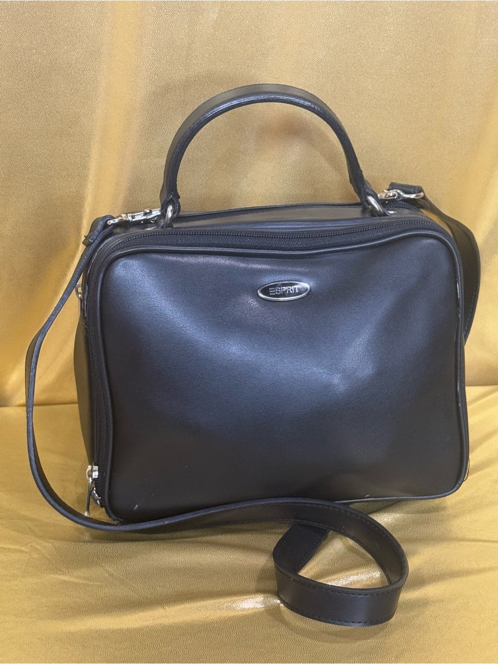 Vintage 90s Y2K Esprit Black Mini Bowler Bag | Multi-Compartment Crossbody Satch